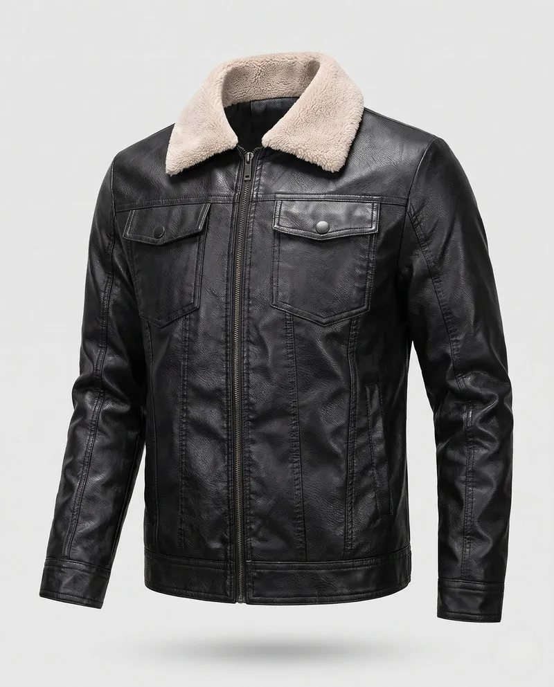 Männer Jacke aus Kunstleder mit Teddykragen und Reißverschluss Drune