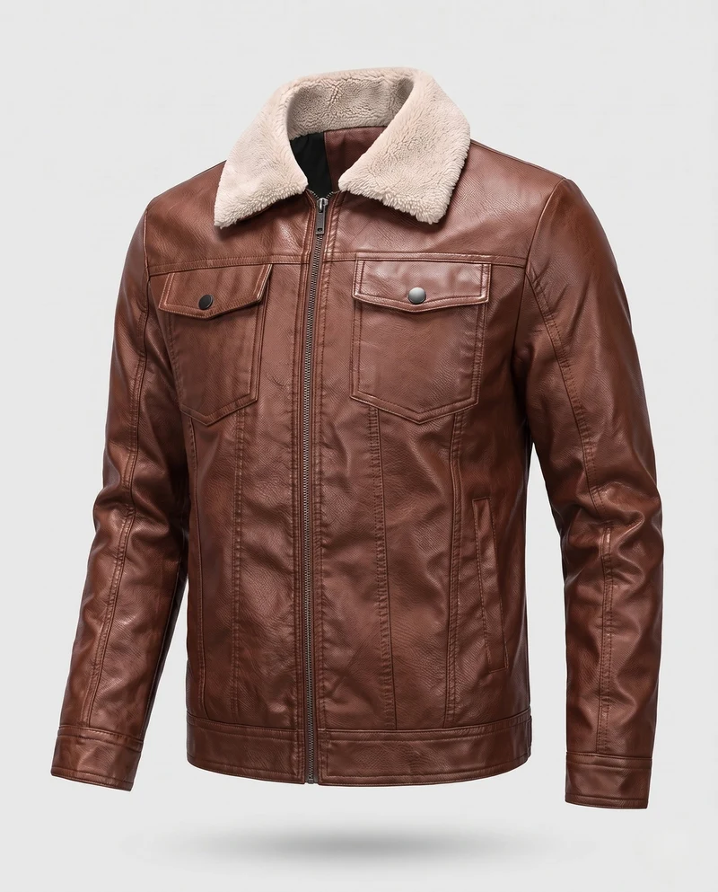 Männer Jacke aus Kunstleder mit Teddykragen und Reißverschluss Drune