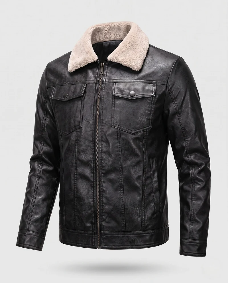 Männer Jacke aus Kunstleder mit Teddykragen und Reißverschluss Drune