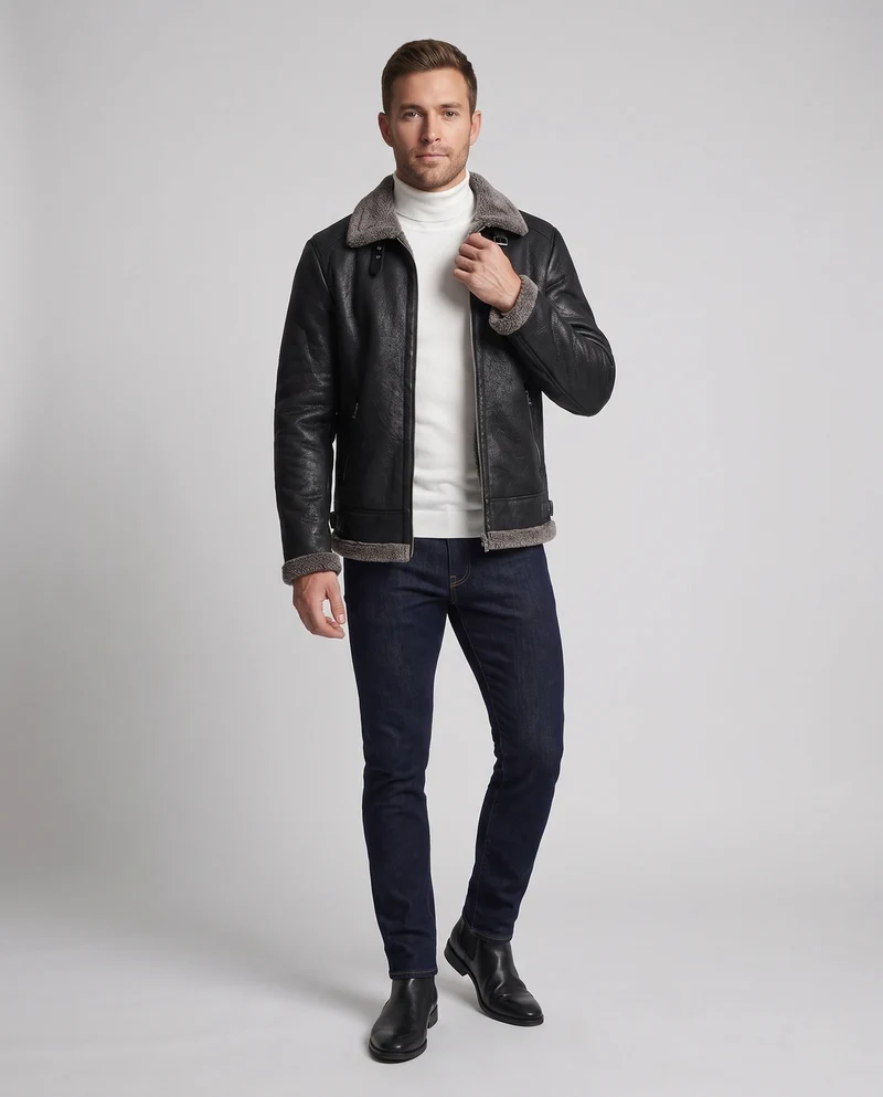Herrenjacke aus synthetischem Leder mit durchgehendem Teddy-Fleece-Futter und hohem Stehkragen Drune