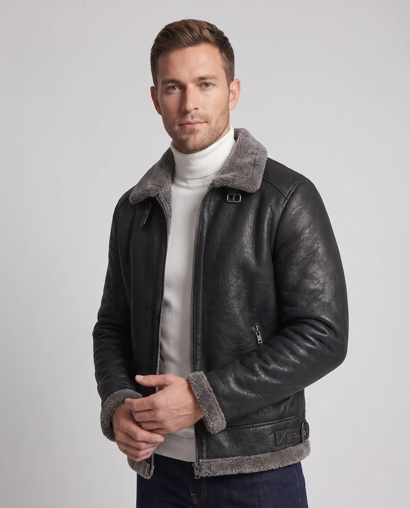 Herrenjacke aus synthetischem Leder mit durchgehendem Teddy-Fleece-Futter und hohem Stehkragen Drune