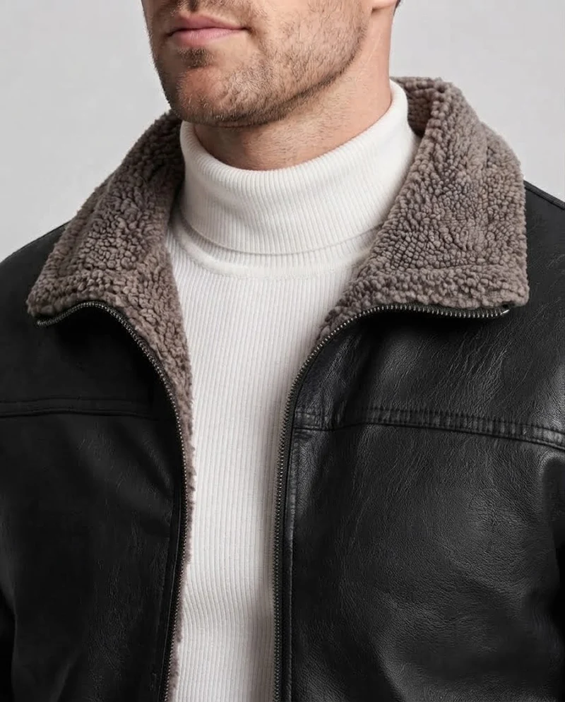 Herrenjacke aus synthetischem Leder mit durchgehendem Teddy-Fleece-Futter und hohem Stehkragen Drune