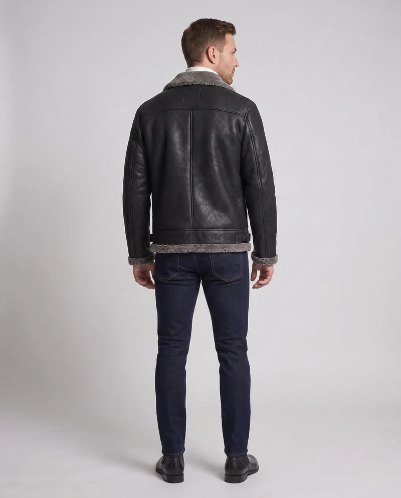 Herrenjacke aus synthetischem Leder mit durchgehendem Teddy-Fleece-Futter und hohem Stehkragen Drune