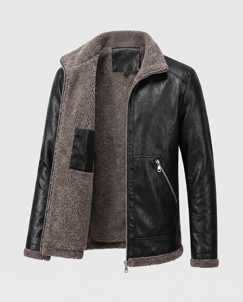 Herrenjacke aus synthetischem Leder mit durchgehendem Teddy-Fleece-Futter und hohem Stehkragen Drune