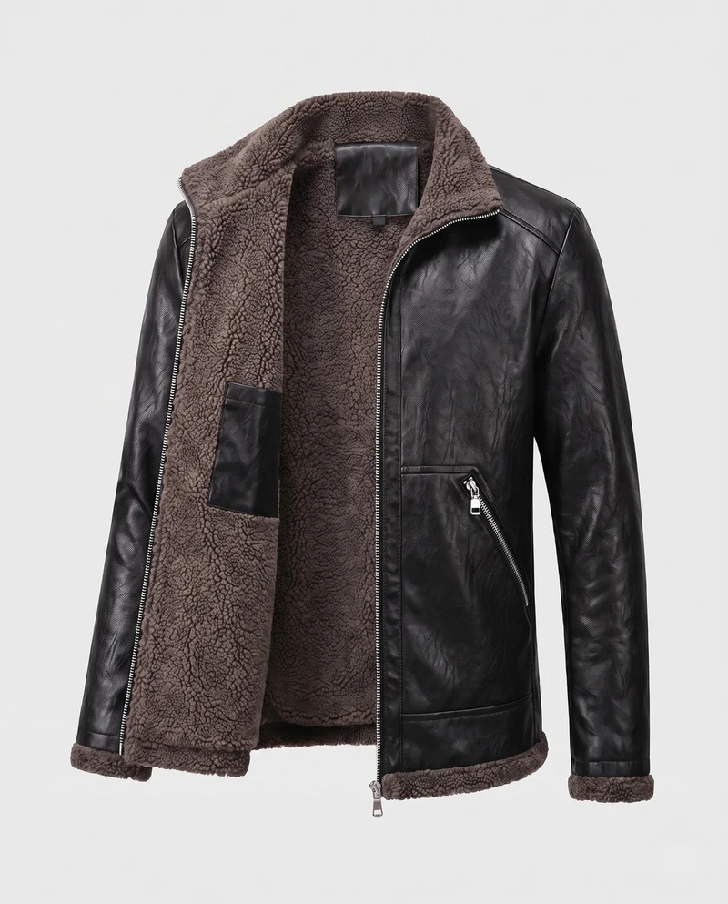 Herrenjacke aus synthetischem Leder mit durchgehendem Teddy-Fleece-Futter und hohem Stehkragen Drune