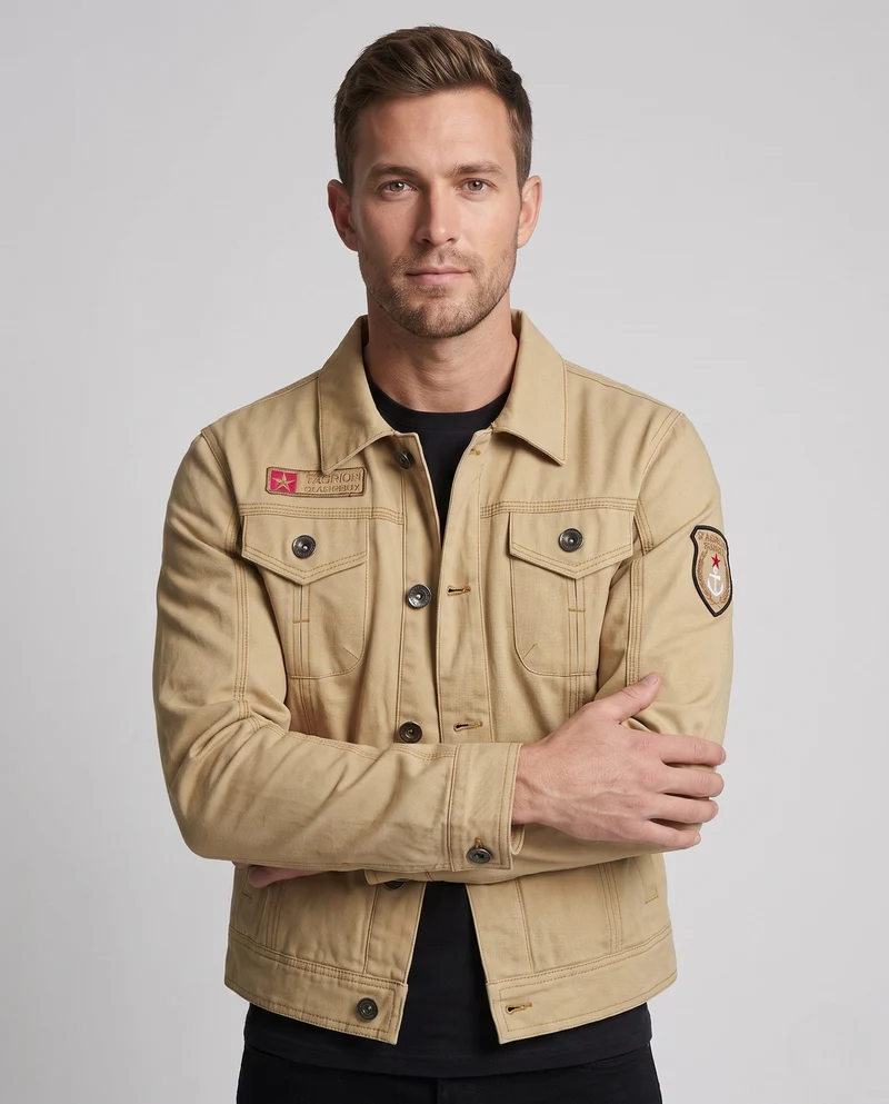 Herren Kurzschnitt Canvas Truckerjacke im Workwear-Look mit Hemdkragen, Klapptaschen und Ärmelpatch Drune