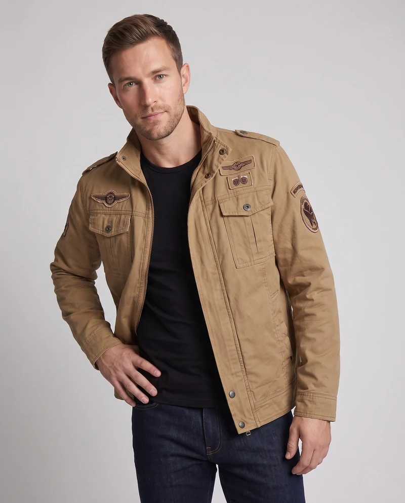 Herren Kurzschnitt Feld-Canvas-Jacke im Militärstil mit Brustklappen Taschen und Stehkragen Drune