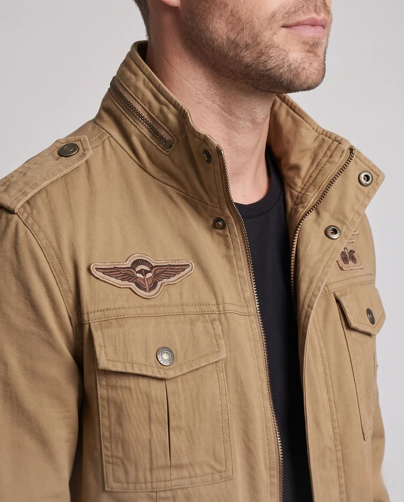 Herren Kurzschnitt Feld-Canvas-Jacke im Militärstil mit Brustklappen Taschen und Stehkragen Drune