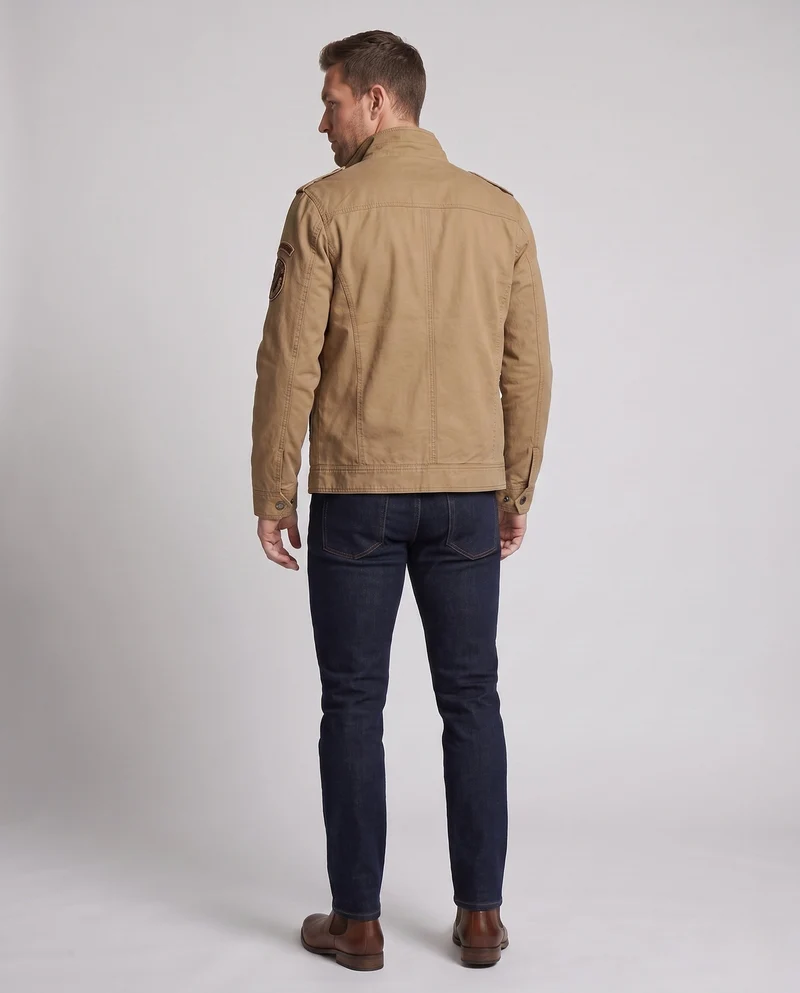 Herren Kurzschnitt Feld-Canvas-Jacke im Militärstil mit Brustklappen Taschen und Stehkragen Drune