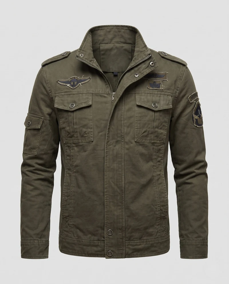 Herren Kurzschnitt Feld-Canvas-Jacke im Militärstil mit Brustklappen Taschen und Stehkragen Drune