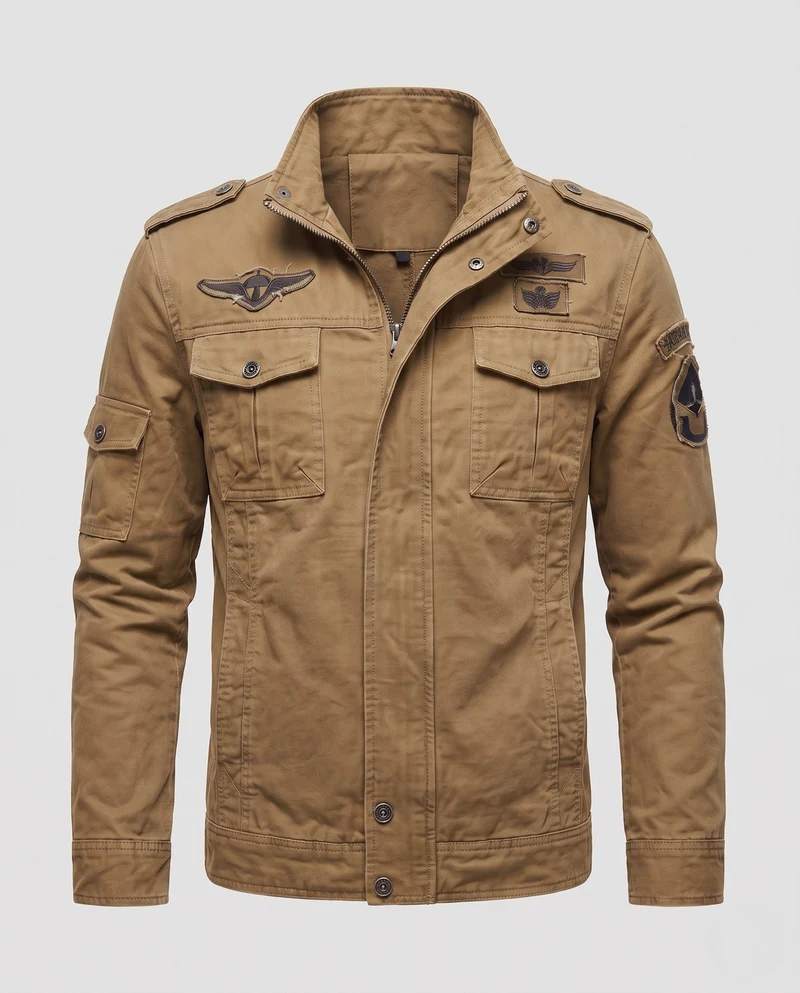 Herren Kurzschnitt Feld-Canvas-Jacke im Militärstil mit Brustklappen Taschen und Stehkragen Drune