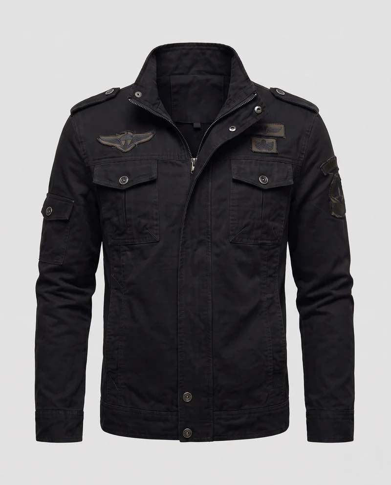 Herren Kurzschnitt Feld-Canvas-Jacke im Militärstil mit Brustklappen Taschen und Stehkragen Drune
