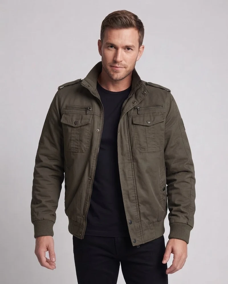 Herren kurz geschnittene Pilotenjacke aus Canvas mit verstecktem thermo Futter und Schulterklappen Drune