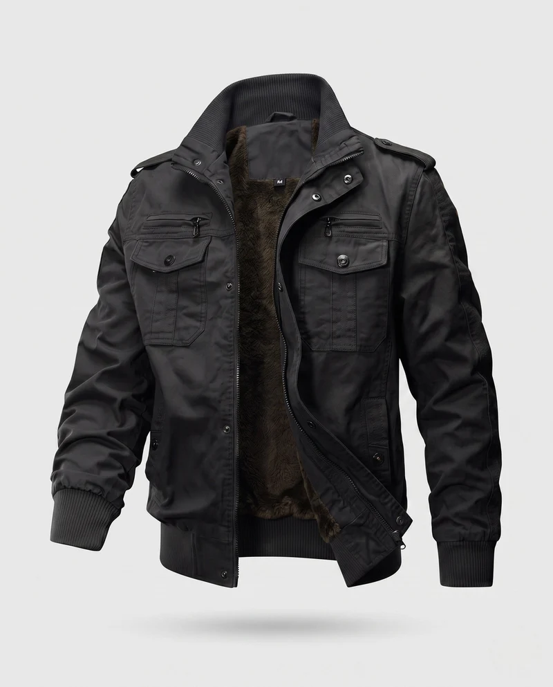 Herren kurz geschnittene Pilotenjacke aus Canvas mit verstecktem thermo Futter und Schulterklappen Drune