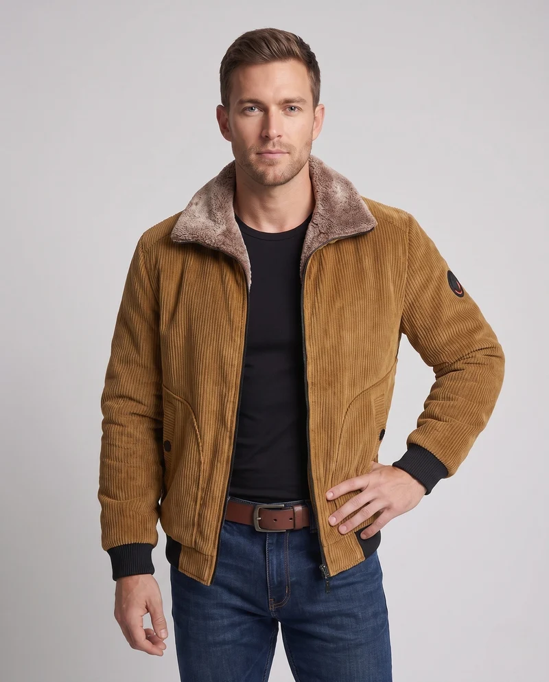 Herren Short Cord Bomber mit Sherpa-Futter und hohem Kragen Drune