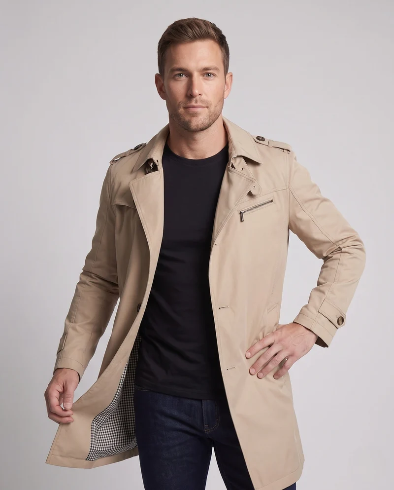 Kurzer Herren-Trenchcoat im Feldstil mit Schulterepauletten und karierter Fütterung Drune