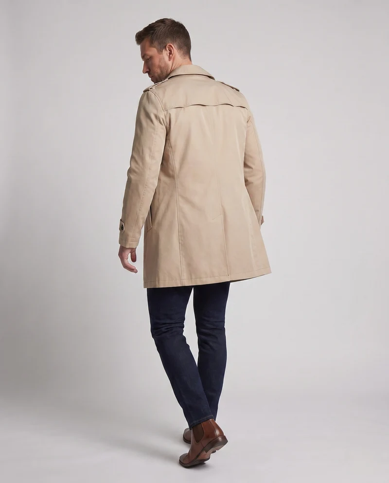 Kurzer Herren-Trenchcoat im Feldstil mit Schulterepauletten und karierter Fütterung Drune