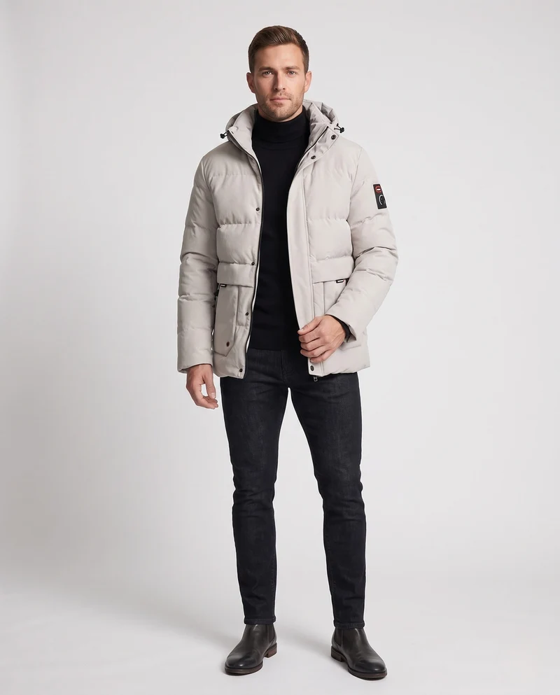 Herren Kurzparka im minimalistischen gesteppte Design mit verstaubarem Hut und verdeckten Reißverschlusstaschen Drune