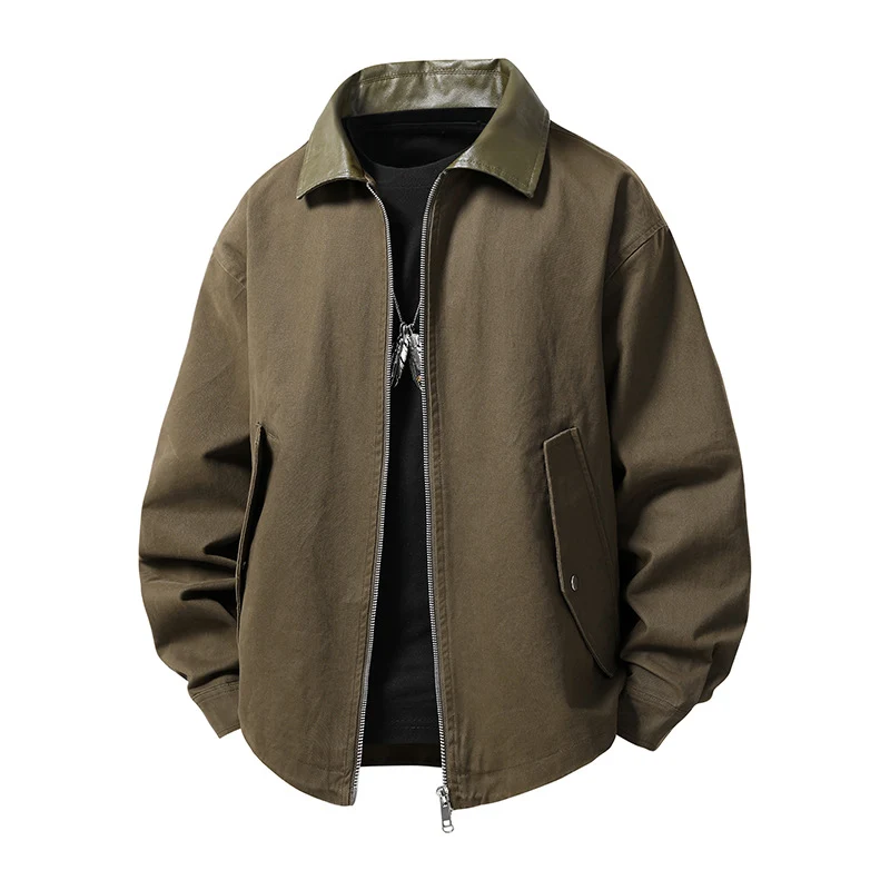 Herren leichte Oversize-Übergangsjacke mit Kontrastkragen aus Kunstleder und Zwei-Wege-Reißverschluss Drune