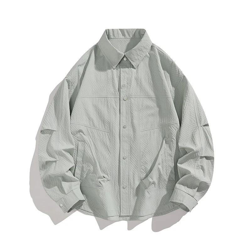 Herren Leichte Oversize-Hemdjacke mit Druckknopfleiste, Strukturstoff & Pattentaschen Drune