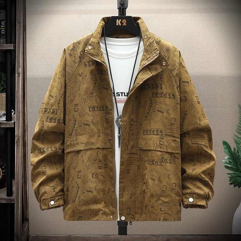 Herren leichte Overshirt-Utility-Jacke mit Allover-Print, Stehkragen & verdecktem Reißverschluss Drune