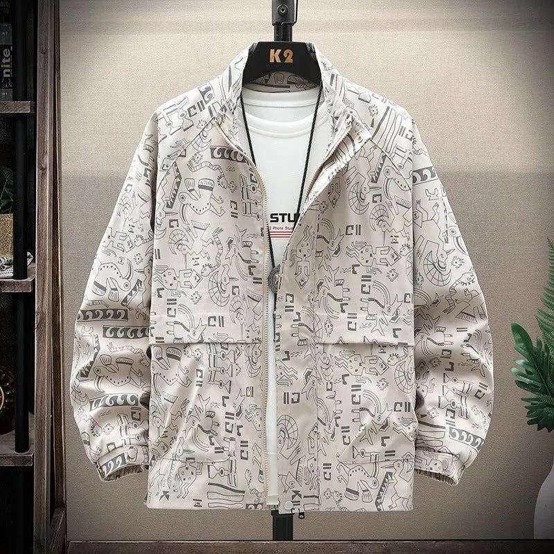 Herren leichte Overshirt-Utility-Jacke mit Allover-Print, Stehkragen & verdecktem Reißverschluss Drune