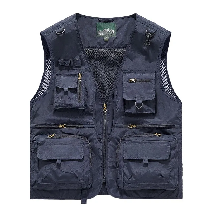 Herren leichte multifunktionale Utility-Anglerweste mit Mesh‑Futter und zahlreichen Reißverschluss‑ und Klappentaschen Drune