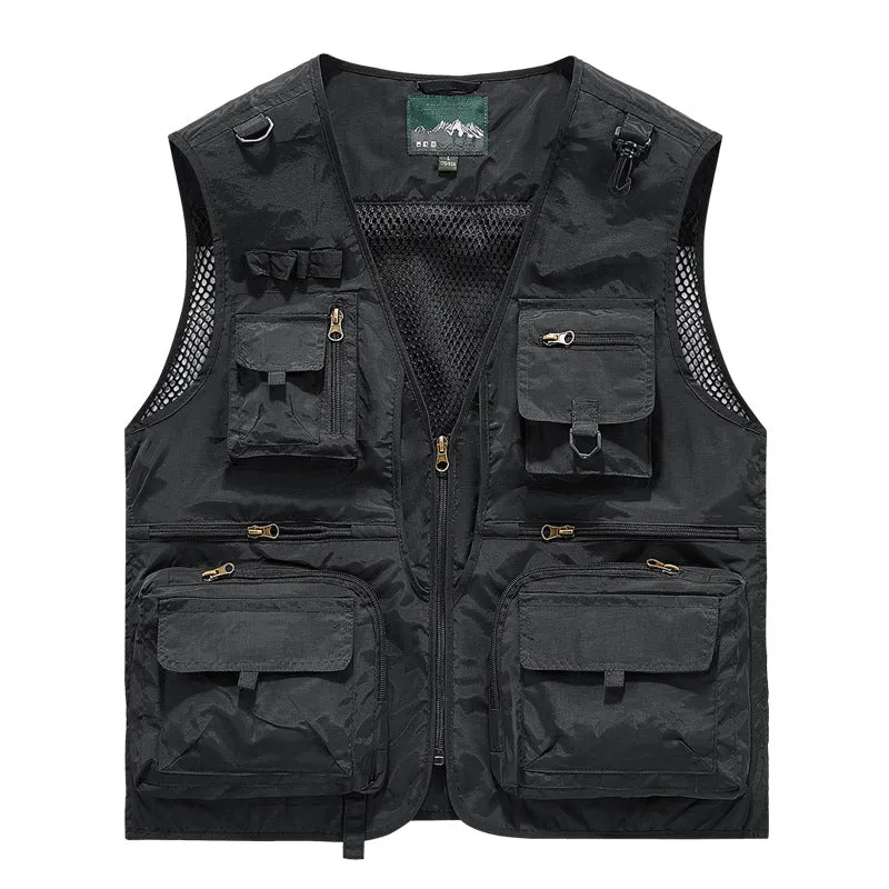Herren leichte multifunktionale Utility-Anglerweste mit Mesh‑Futter und zahlreichen Reißverschluss‑ und Klappentaschen Drune