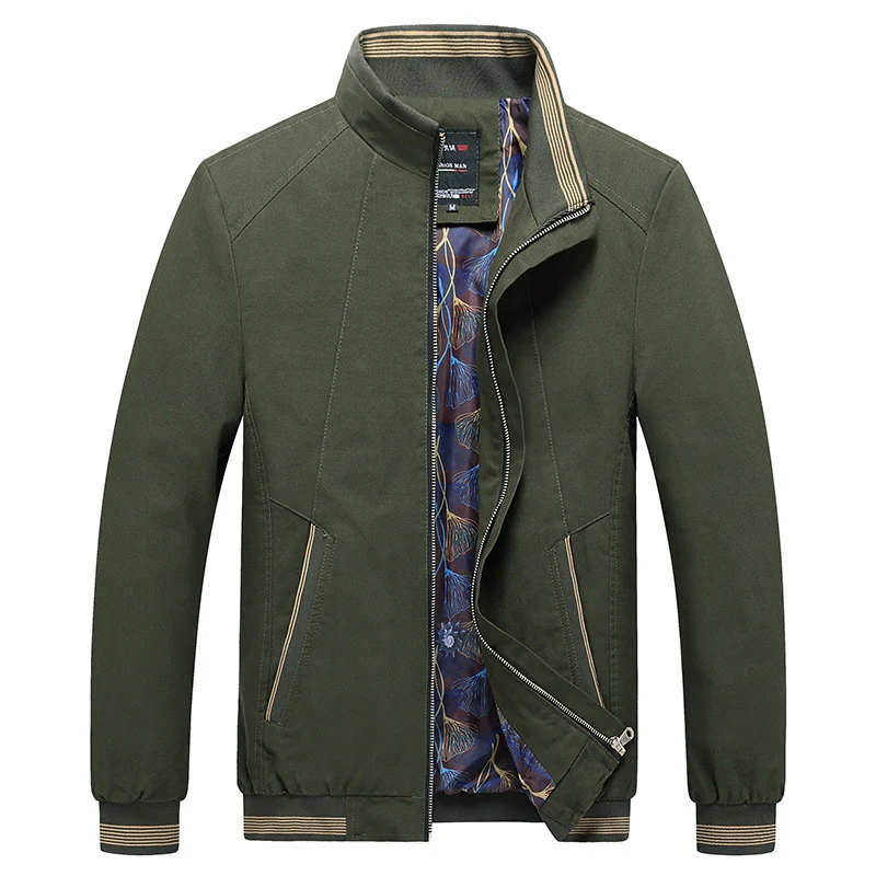 Herren Leichte Harrington-Jacke mit Stehkragen, verdecktem Reißverschluss, gestreiften Rippbündchen & gemustertem Innenfutter Drune