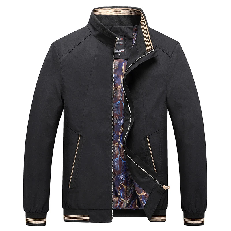 Herren Leichte Harrington-Jacke mit Stehkragen, verdecktem Reißverschluss, gestreiften Rippbündchen & gemustertem Innenfutter Drune