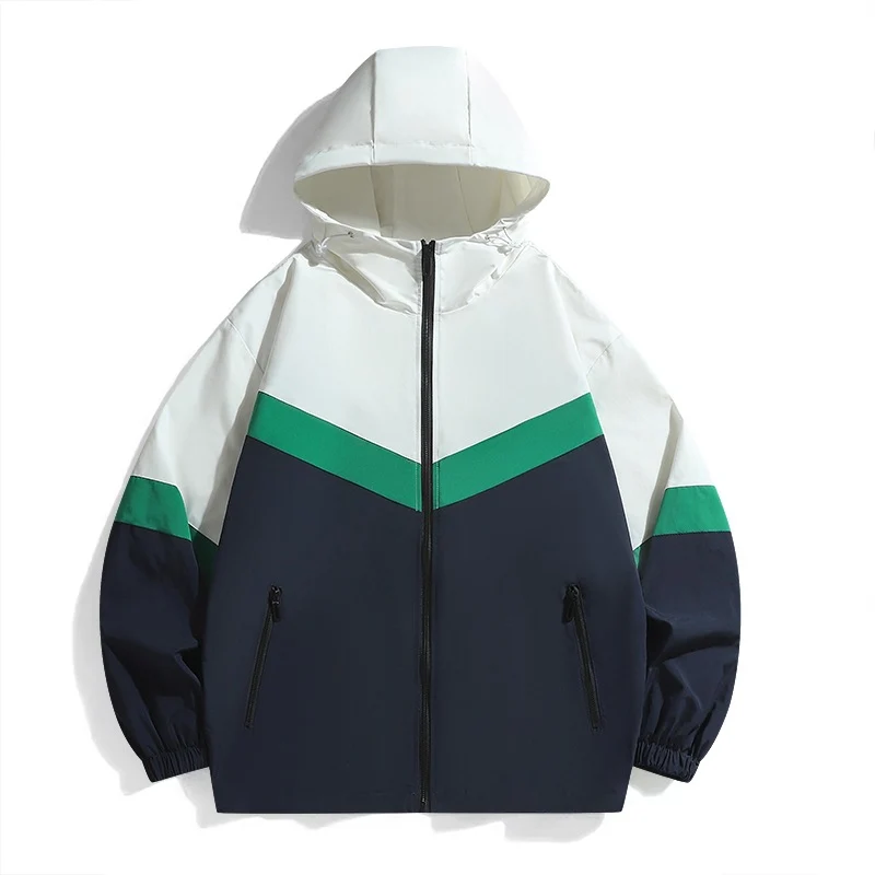 Herren Leichte Farbblock-Kapuzen-Übergangsjacke mit wasserabweisender Hülle, Kontrastpasse & Reißverschlusstaschen Drune