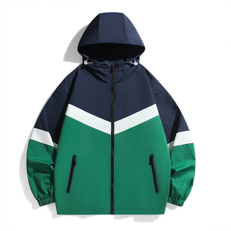 Herren Leichte Farbblock-Kapuzen-Übergangsjacke mit wasserabweisender Hülle, Kontrastpasse & Reißverschlusstaschen Drune