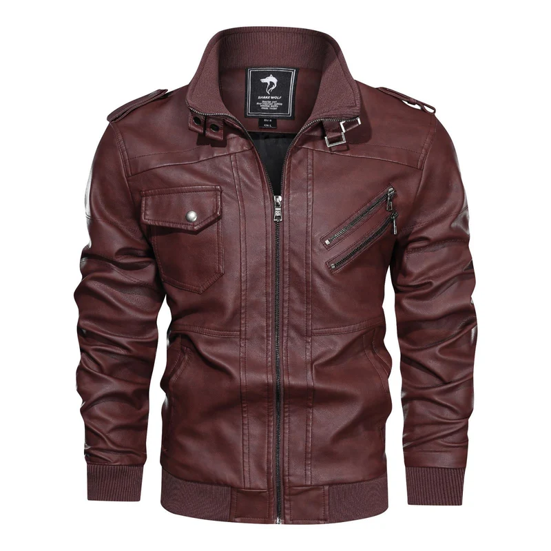 Herren Lederjacke im Biker-Stil mit Stehkragen, Reißverschluss-Taschen und elastischen Bündchen Drune