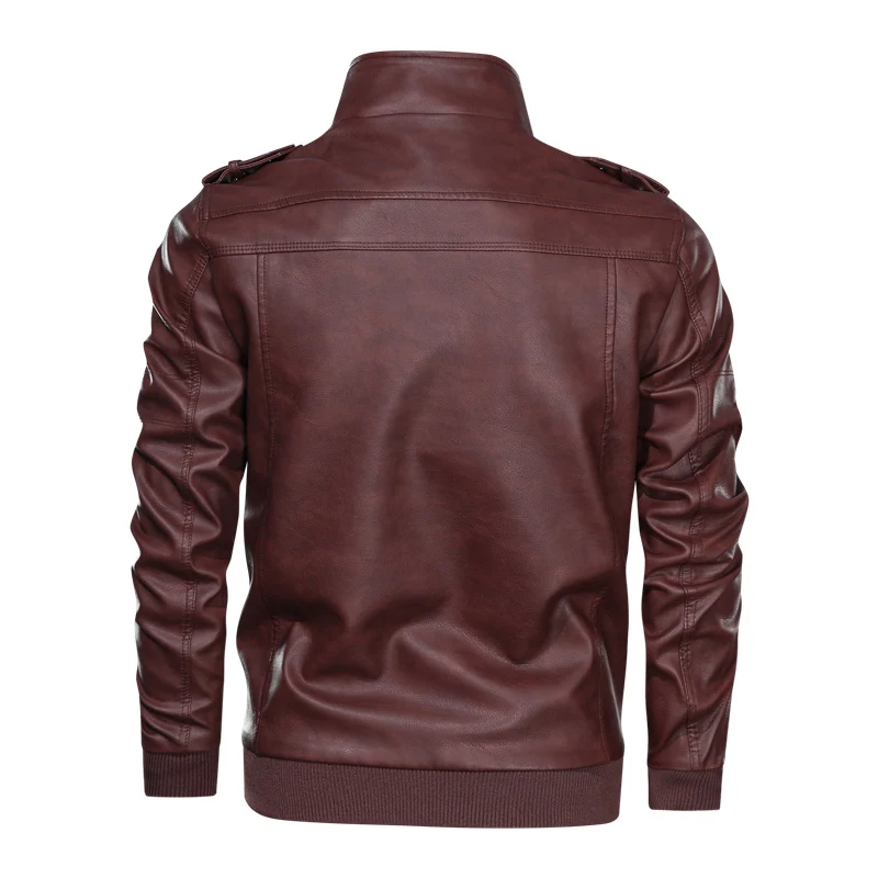 Herren Lederjacke im Biker-Stil mit Stehkragen, Reißverschluss-Taschen und elastischen Bündchen Drune