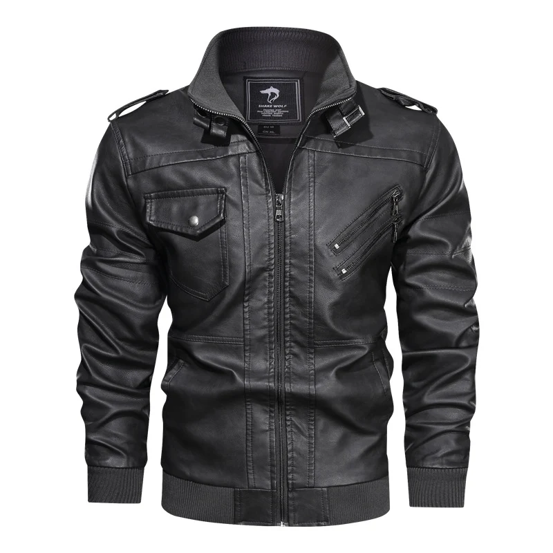 Herren Lederjacke im Biker-Stil mit Stehkragen, Reißverschluss-Taschen und elastischen Bündchen Drune