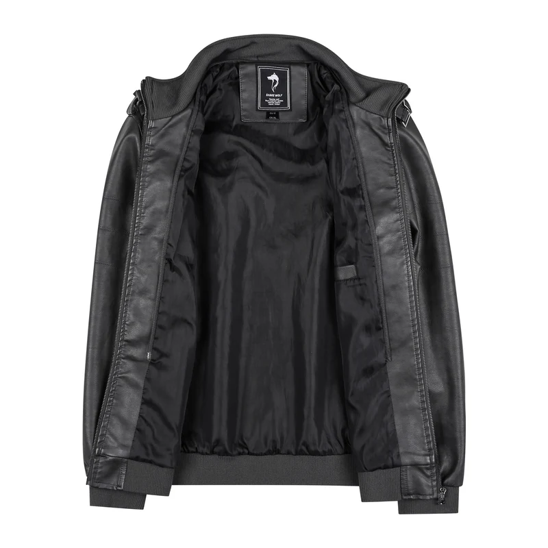 Herren Lederjacke im Biker-Stil mit Stehkragen, Reißverschluss-Taschen und elastischen Bündchen Drune