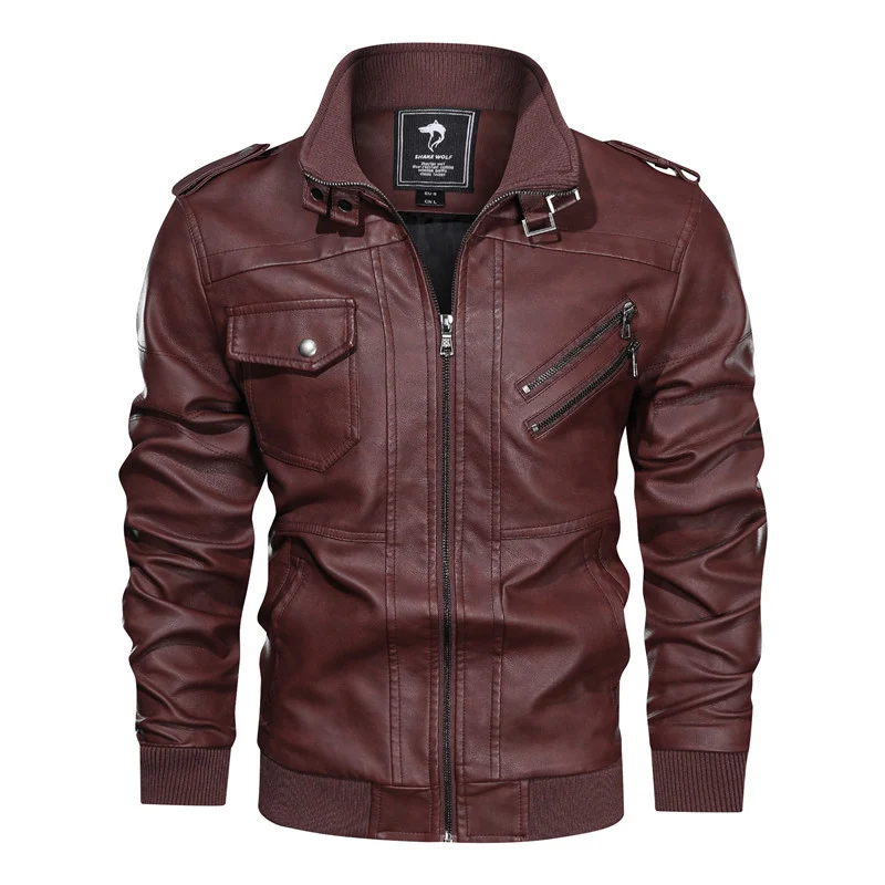 Herren Lederjacke im Biker-Stil mit Stehkragen, Reißverschluss-Taschen und elastischen Bündchen Drune