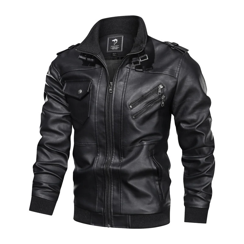 Herren Lederjacke im Biker-Stil mit Stehkragen, Reißverschluss-Taschen und elastischen Bündchen Drune