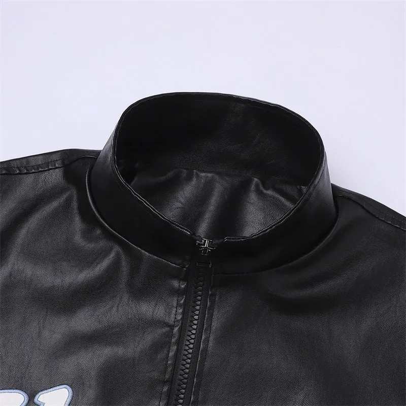 Herren Lederimitat-Bomberjacke mit Stehkragen, Logostickerei & Frontzip Drune