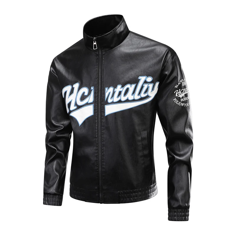 Herren Lederimitat-Bomberjacke mit Stehkragen, Logostickerei & Frontzip Drune