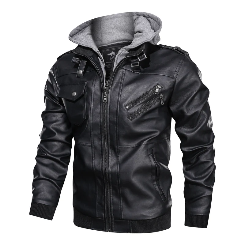 Herren Lederimitat-Bomberjacke mit Kapuzeneinsatz im Sweat-Look & Utility-Details Drune