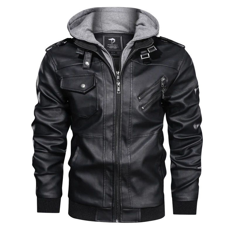 Herren Lederimitat-Bomberjacke mit Kapuzeneinsatz im Sweat-Look & Utility-Details Drune