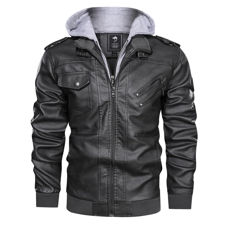 Herren Lederimitat-Bomberjacke mit Kapuzeneinsatz im Sweat-Look & Utility-Details Drune