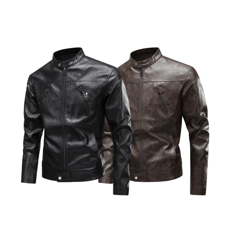 Herren Lederimitat-Bikerjacke mit Stehkragen, schmaler Passform & diagonalen Reißverschlusstaschen Drune