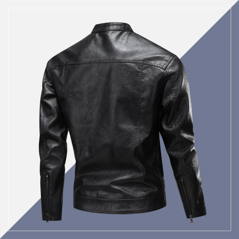 Herren Lederimitat-Bikerjacke mit Stehkragen, schmaler Passform & diagonalen Reißverschlusstaschen Drune