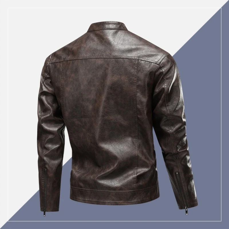 Herren Lederimitat-Bikerjacke mit Stehkragen, schmaler Passform & diagonalen Reißverschlusstaschen Drune
