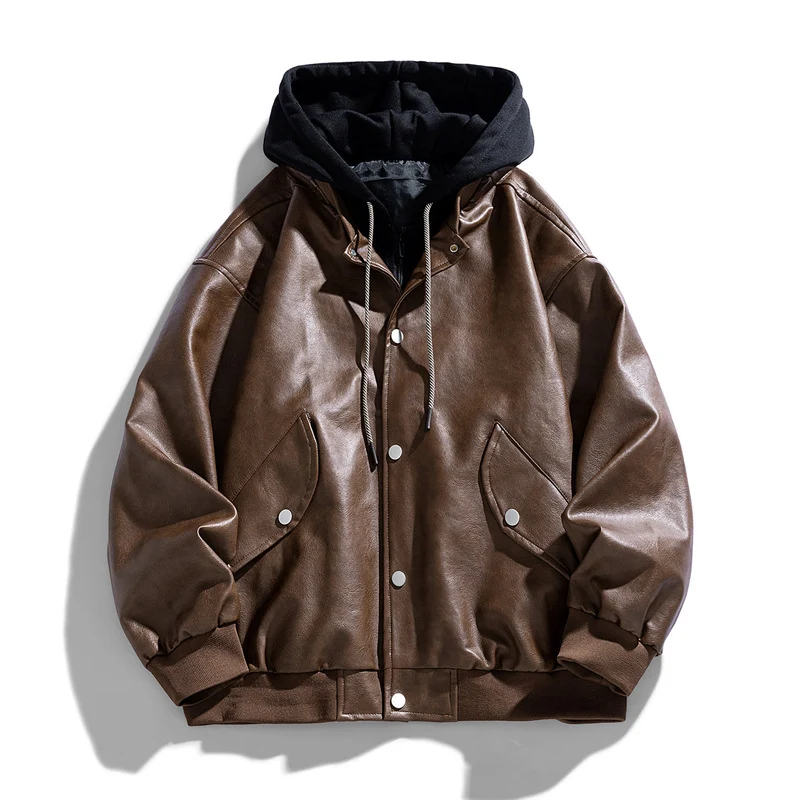 Herren Lässige Kunstleder‑Fliegerjacke im Oversize‑Cut mit kontrastkapuze & Druckknopfblende Drune