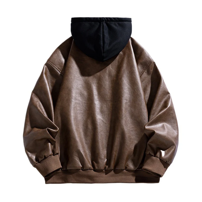 Herren Lässige Kunstleder‑Fliegerjacke im Oversize‑Cut mit kontrastkapuze & Druckknopfblende Drune