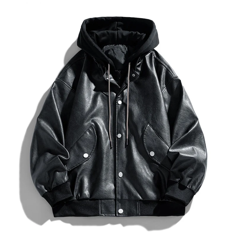 Herren Lässige Kunstleder‑Fliegerjacke im Oversize‑Cut mit kontrastkapuze & Druckknopfblende Drune
