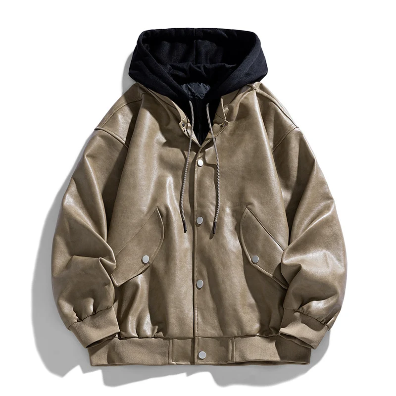 Herren Lässige Kunstleder‑Fliegerjacke im Oversize‑Cut mit kontrastkapuze & Druckknopfblende Drune